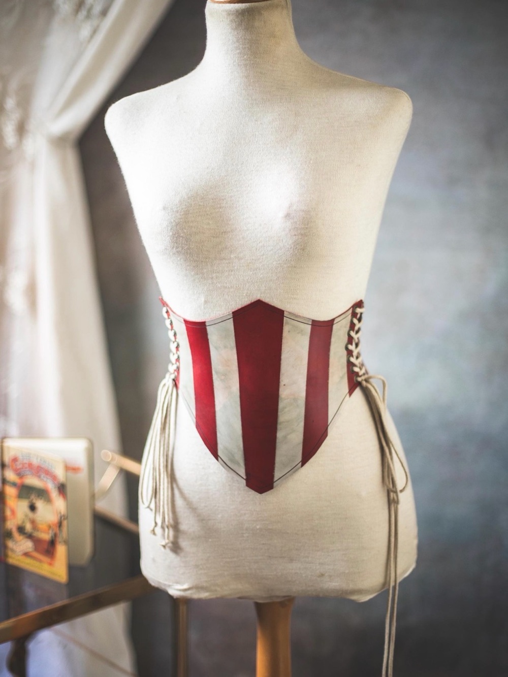 Leather Corset Belt: Red White Striped Steampunk Vintage Circus Style - XS-M